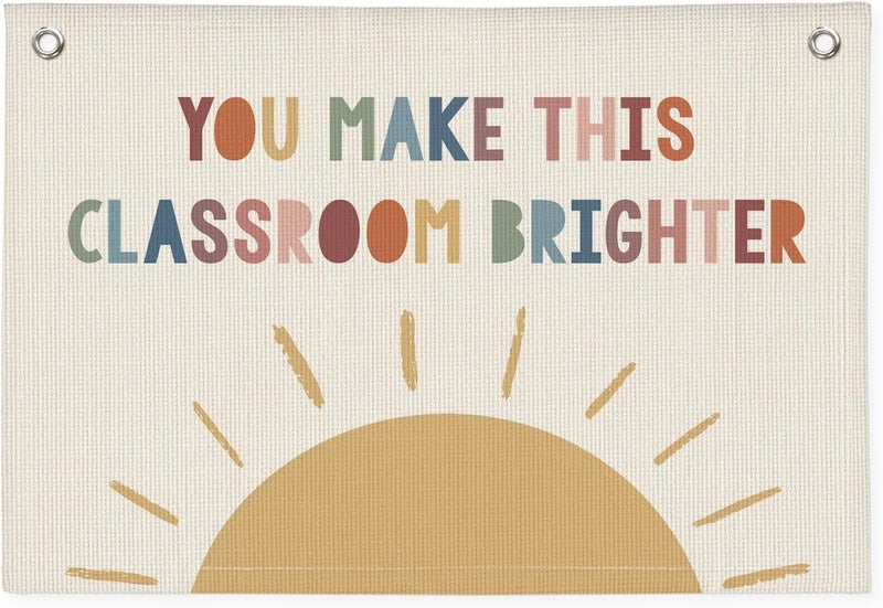 Wheatwin Boho Classroom Canvas Banner, Neutral Classroom Must Haves Wall Decor, Welcome Sign Back To School Linen Banner Flag Decor for School 20x30 - Image 1